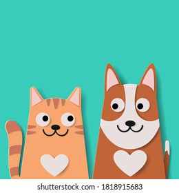 Vector paper art and, Digital craft style of funny cartoon cute dog and cat best friends on green background. eps 10.