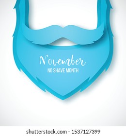Vector paper art blue beard and mustache. Men's health concept background. November no shave month.