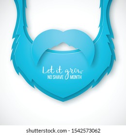 Vector paper art blue beard, mustache and inscription Let it grow, no shave month. Men's health concept background. 