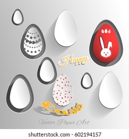 Vector paper art carve of Easter eggs cut from paper with different patterns, yellow text placed on the gradient gray background.