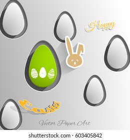 Vector paper art carve of Easter eggs cut from paper, yellow rabbit and text placed on the gradient gray background.