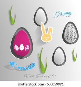 Vector paper art carve of Easter eggs different patterns cut from paper, bunny head silhouette, green grass, blue outline text placed on the gradient gray background.
