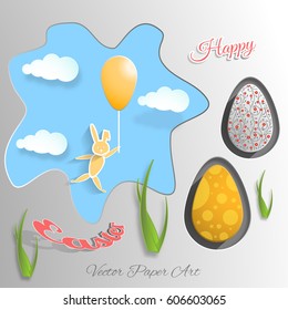 Vector paper art carve of Easter eggs different patterns cut from paper, blue sky, clouds, bunny flying on a balloon, green grass, red outline text placed on the gradient gray background.