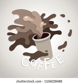 Vector paper art carves coffee background concept. Fresh morning coffee splash illustration. Abstract logo, 3D paper art style, design for business presentations, flyers, posters, decoration, cards