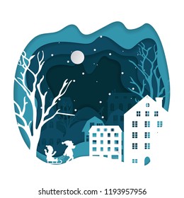 Vector paper art. Christmas illustration template for greeting card, calendar or etc. Winter landscape with deer and mountains.