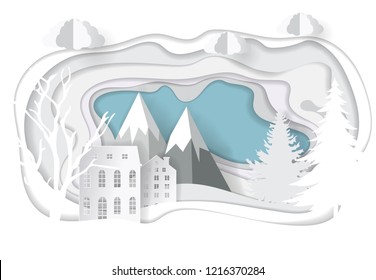 Vector paper art. Christmas illustration template for greeting card, calendar or etc. Winter landscape with deer and mountains.