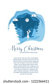 Vector paper art. Christmas illustration template for greeting card, calendar or etc. Winter landscape.