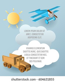 Vector Paper art of cloud, car and plane in the sky.  