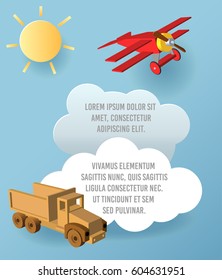 Vector Paper art of cloud, car and plane in the sky.  