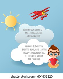 Vector Paper art of cloud and plane flying in the sky. Banner with funny cartoon kid.