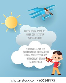 Vector Paper Art Of Cloud And Plane Flying In The Sky. Template Advertising Brochure With Space For Text. Origami Concept Banner. Banner With Funny Cartoon Kids.