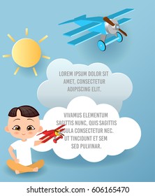 Vector Paper art of cloud and plane flying in the sky. Template advertising brochure with space for text. Origami concept Banner. Banner with funny cartoon kids.