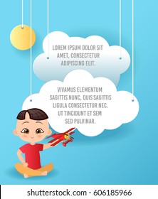 Vector Paper art of cloud and plane in the sky. Template advertising brochure with space for text. Origami concept Banner. Banner with funny cartoon kids.