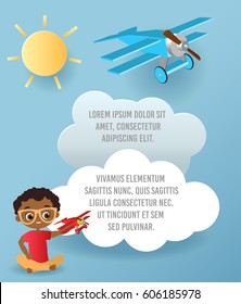 Vector Paper art of cloud and plane flying in the sky. Template advertising brochure with space for text. Origami concept Banner. Banner with african-american boy with glasses