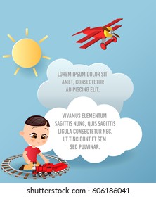 Vector Paper art of cloud and plane flying in the sky. Template advertising brochure with space for text. Origami concept Banner. Banner with funny cartoon kids.