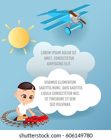 Vector Paper art of cloud in the sky. Template advertising brochure with space for text. Origami concept Banner. Banner with Japanese boy with toy train