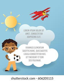 Vector Paper art of cloud in the sky. Template advertising brochure with space for text. Origami concept Banner. Banner with African American boy sportsman