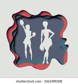 Vector paper art craft  illustration of a baseball cheerleaders. 
