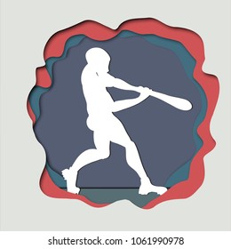 Vector paper art craft  illustration of a baseball player hitting the ball. Batter.