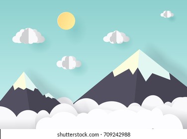 Vector paper art and craft style. Illustration of nature landscape, cloud and mountain.