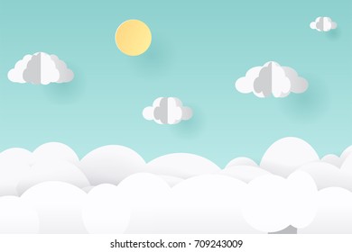 Vector paper art and craft style. Illustration of nature landscape, cloud.