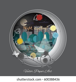 Vector paper art of cycling at night in the city.