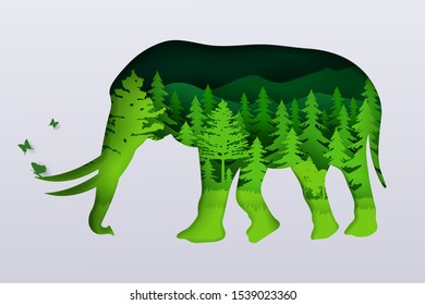 Vector paper art and digital craft style of deep forest with elephant and butterfly, eps 10 vector. 