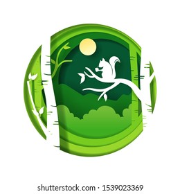Vector paper art and digital craft style of Green forest  and Squirrel with chestnut, eps 10 vector. 