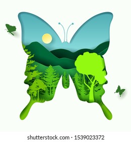 Vector paper art and digital craft style, conceptual white paper with blue background butterfly, eps 10 vector. 