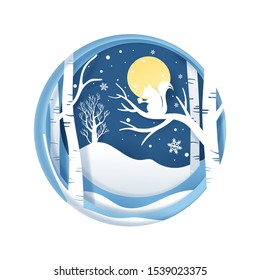 Vector paper art and digital craft style of winter season and Squirrel in forest with snow, eps 10 vector.
