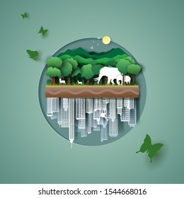 Vector paper art and digital craft style of world wildlife animal and eco green city, world environment and earth day concept. eps 10 vector. 