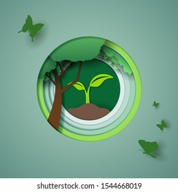Vector paper art and digital craft style of world wildlife and eco green forest, world environment and ecology concept. eps 10 vector.