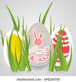 Vector paper art of Easter eggs with different pattern, rabbit head silhouette, red text and grass on the gradient light gray background.