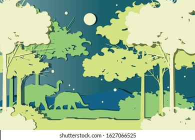 vector paper art elephants  in the forest