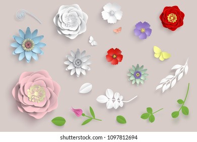 Vector Paper Art Flowers Set. 3d Origami Flowers, Leaves And Butterfly. Stock Illustration