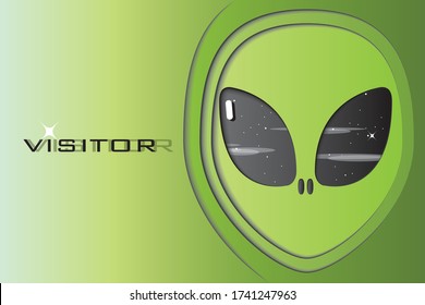 vector paper art green alien face.night sky in the eye