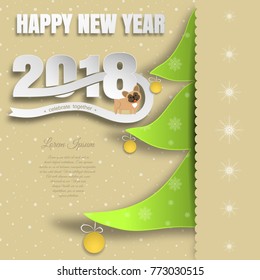 Vector paper art for Happy New Year with insert in the form of a green Christmas tree with yellow balls, text, dog cut from paper on the background with snowfall pattern.