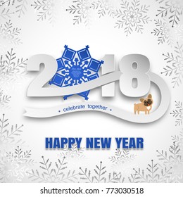 Vector paper art for Happy New Year with numbers, bleu snowflake label and text, dog cut from paper on the gradient gray background with snowfall pattern.