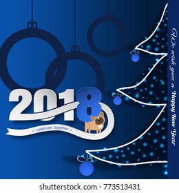 Vector paper art to Happy New Year with silhouette of Christmas trees, dark balls, dog, numbers cut from paper and text on the gradient blue background with shadow.