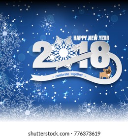 Vector paper art to Happy New Year with snowflake, dog, numbers cut from paper and text on the gradient blue background with snowfall.