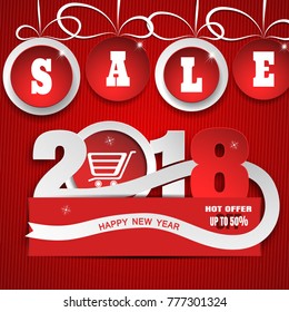 Vector paper art for Happy New Year Sale with hanging christmas ball, numbers, round label with cart, stripe on the red gradient background.