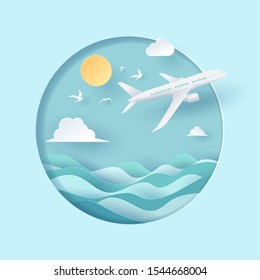 Vector paper art and landscape, digital craft style for travel and airplane is flying on the sky. eps 10 vector.