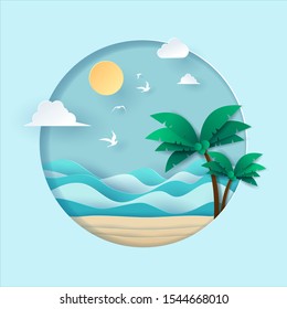 Vector paper art and landscape, digital craft style for travel, Sea with beach and coconut tree. eps 10 vector.
