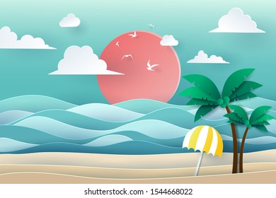 Vector paper art and landscape, digital craft style for travel, Sea, beach with umbrella and coconut tree. eps 10 vector.
