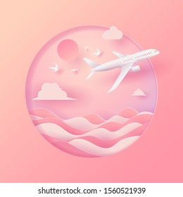 Vector paper art and landscape, digital craft style for travel and airplane is flying on the sky. eps 10 vector.