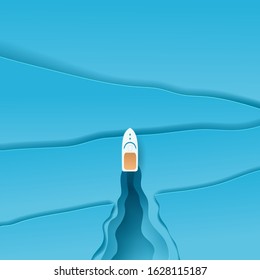 Vector paper art and landscape, digital craft style for travel, Sea. Speed boat in the ocean top aerial view. eps 10 vector.