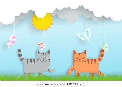Vector paper art and landscape, digital craft style in summer with two cats, sun, cloud, and butterflys, on blue background, EPS 10 vector.
