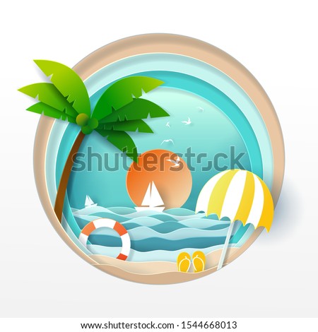 Vector paper art and landscape, digital craft style for sumer travel, Sea with beach and coconut tree. eps 10 vector.
