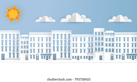 Vector Paper Art Landscape, Urban Scene. Origami Paper Buildings.