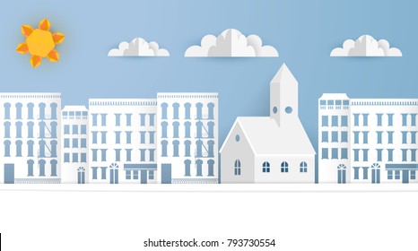 Vector Paper Art Landscape, Urban Scene. Origami Paper Buildings.